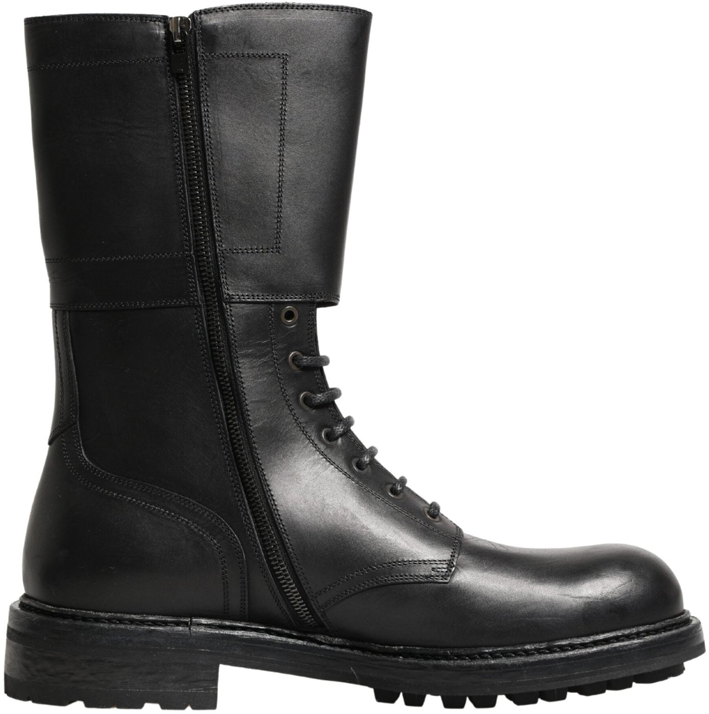 Dolce & Gabbana Black Leather Belted Buckle Combat Boots Shoes