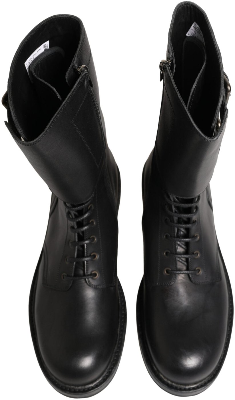 Dolce & Gabbana Black Leather Belted Buckle Combat Boots Shoes