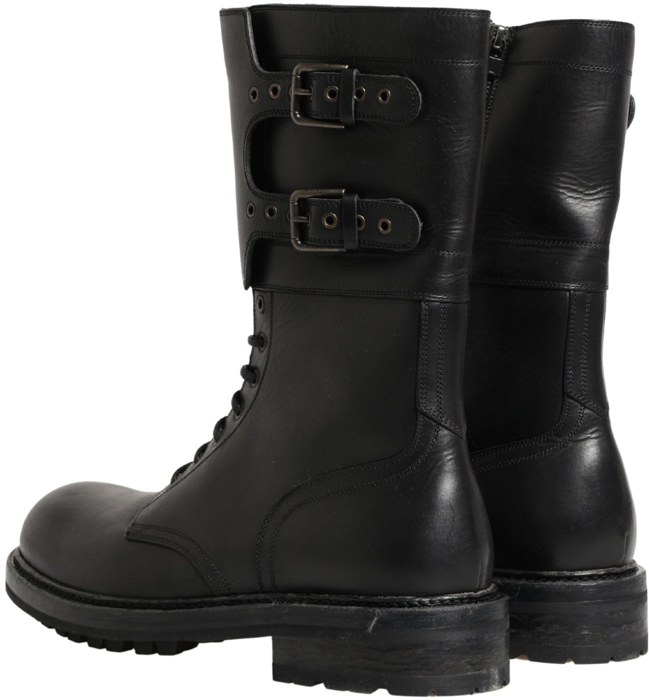 Dolce & Gabbana Black Leather Belted Buckle Combat Boots Shoes