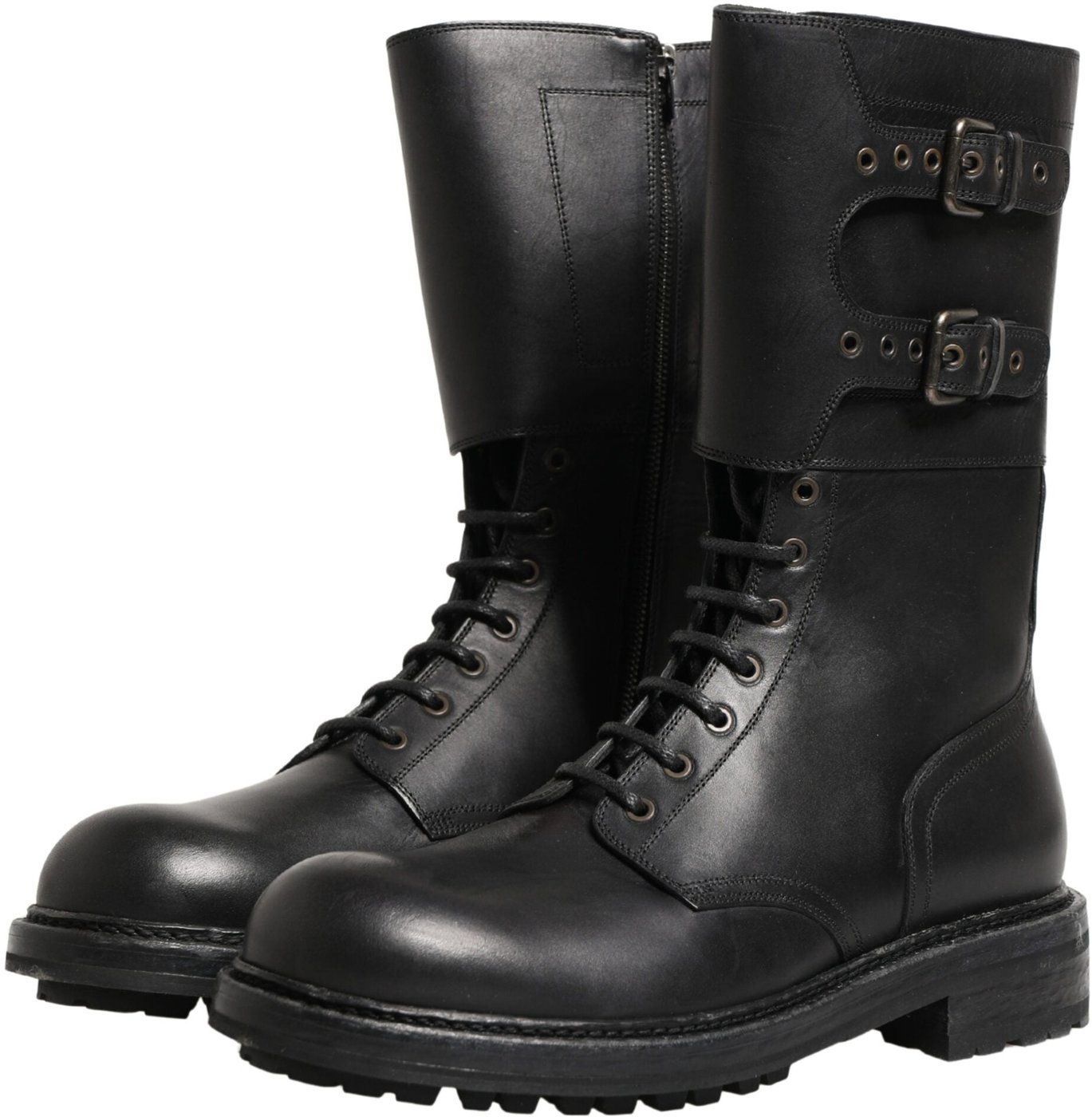 Dolce & Gabbana Black Leather Belted Buckle Combat Boots Shoes