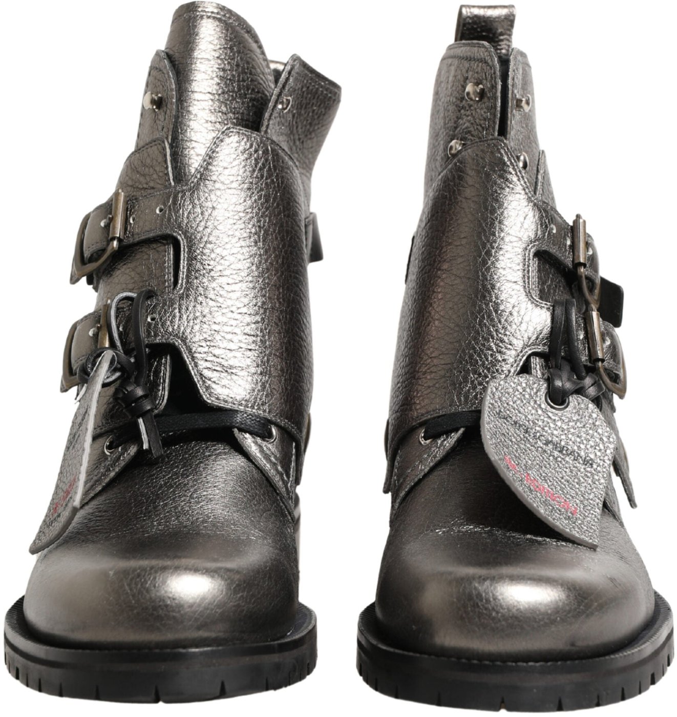 Dolce & Gabbana Metallic Silver Leather Buckle Ankle Boots Shoes
