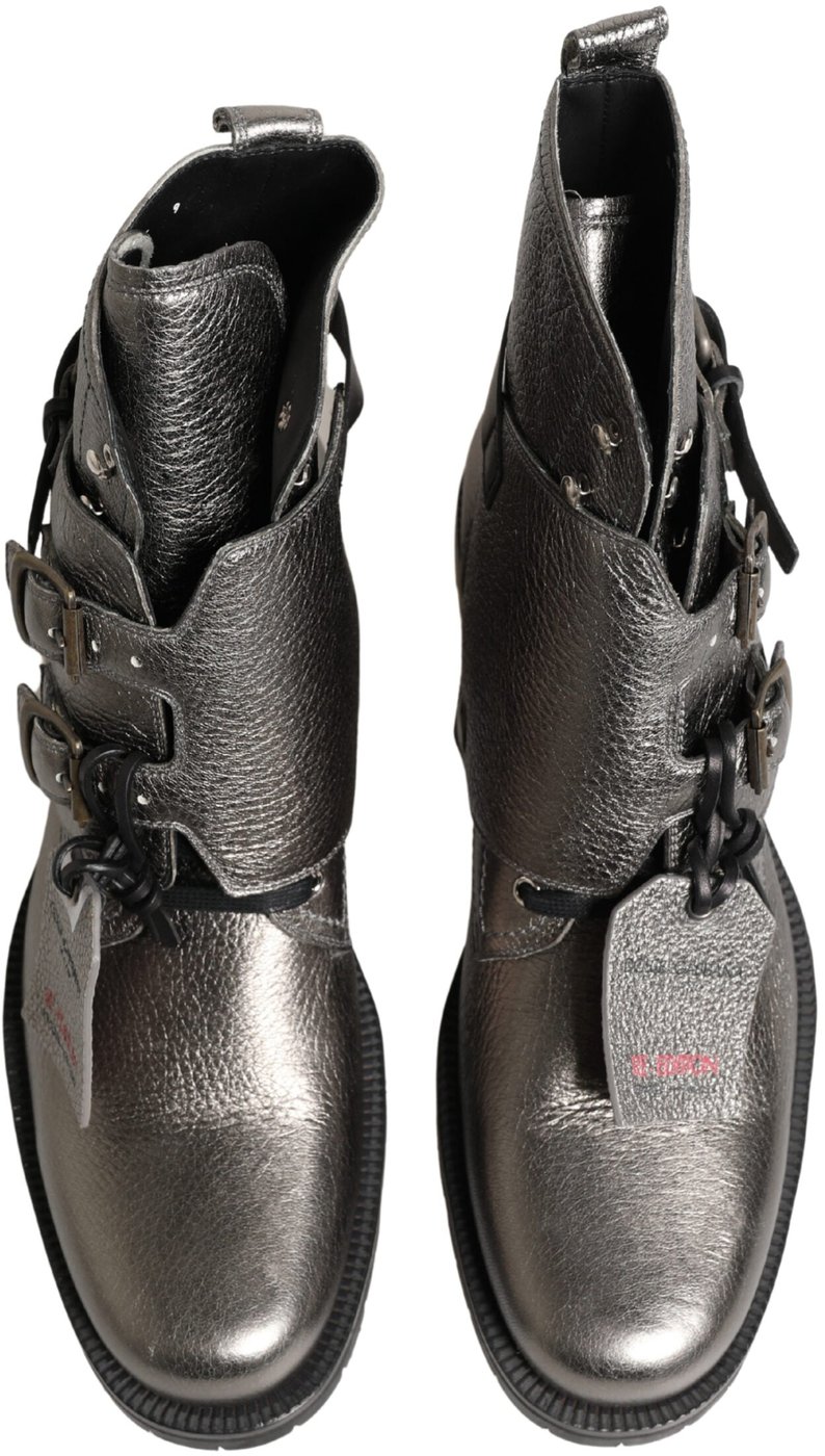 Dolce & Gabbana Metallic Silver Leather Buckle Ankle Boots Shoes
