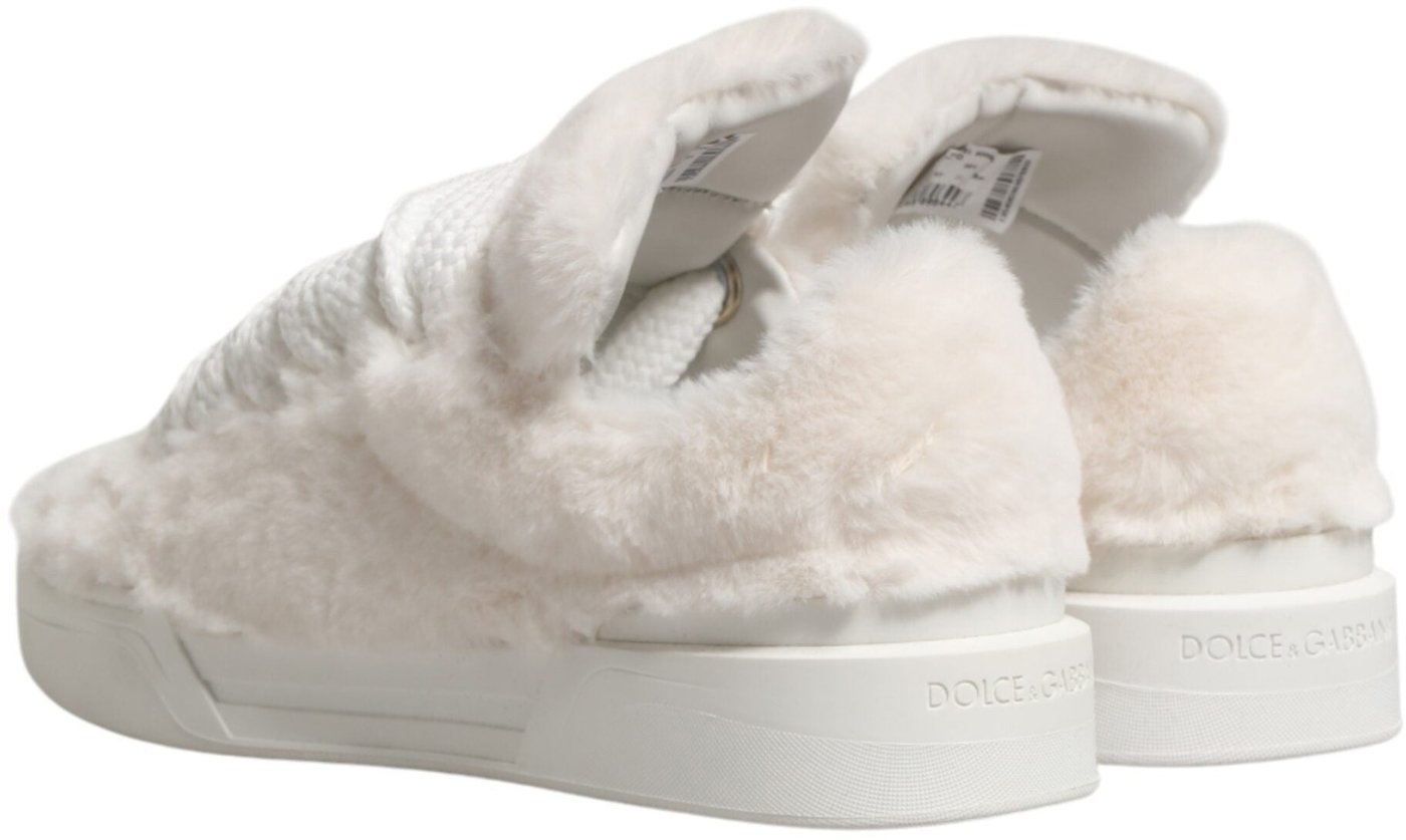 Dolce & Gabbana White Shearling Fur Bianco Low Top Sneakers Shoes