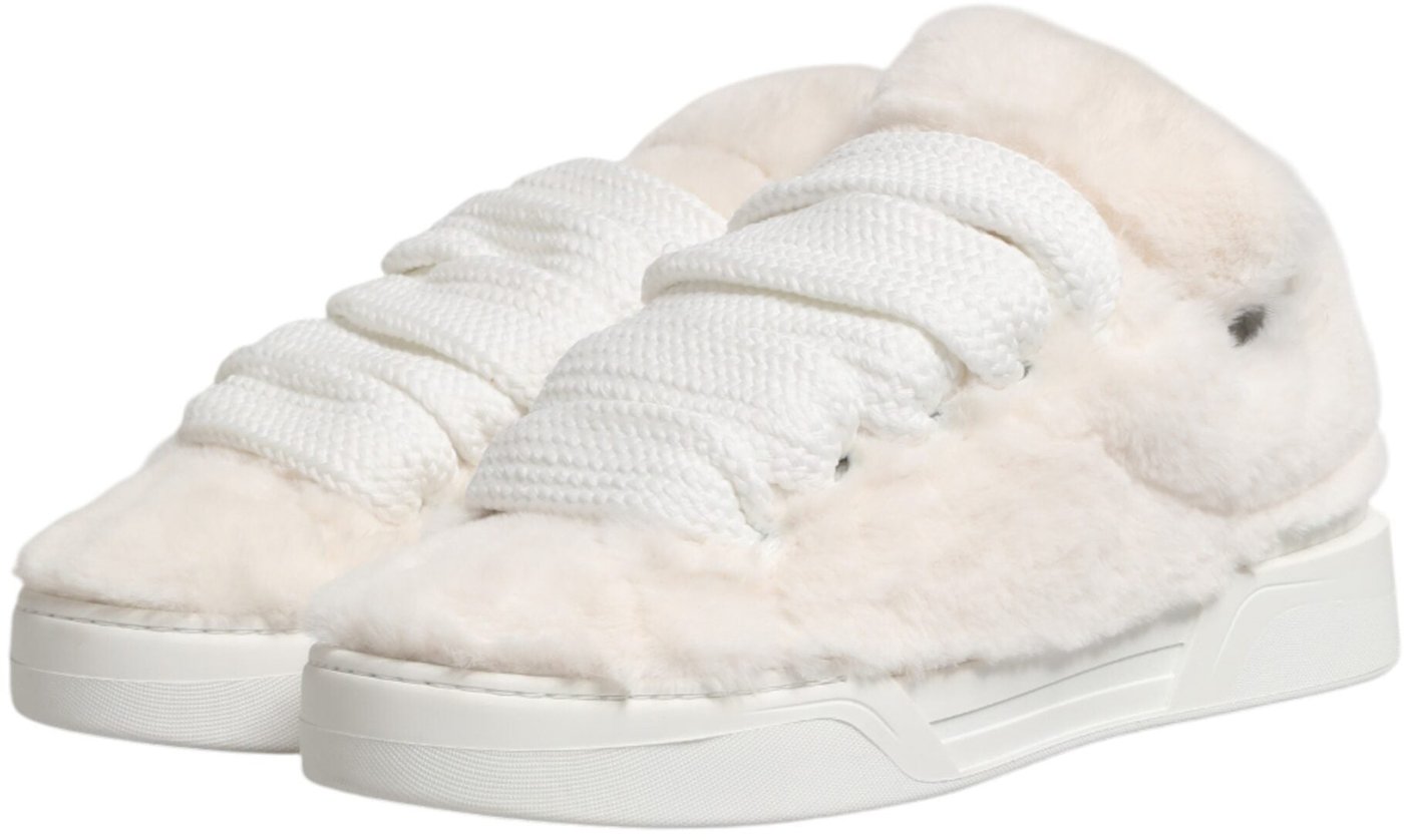 Dolce & Gabbana White Shearling Fur Bianco Low Top Sneakers Shoes