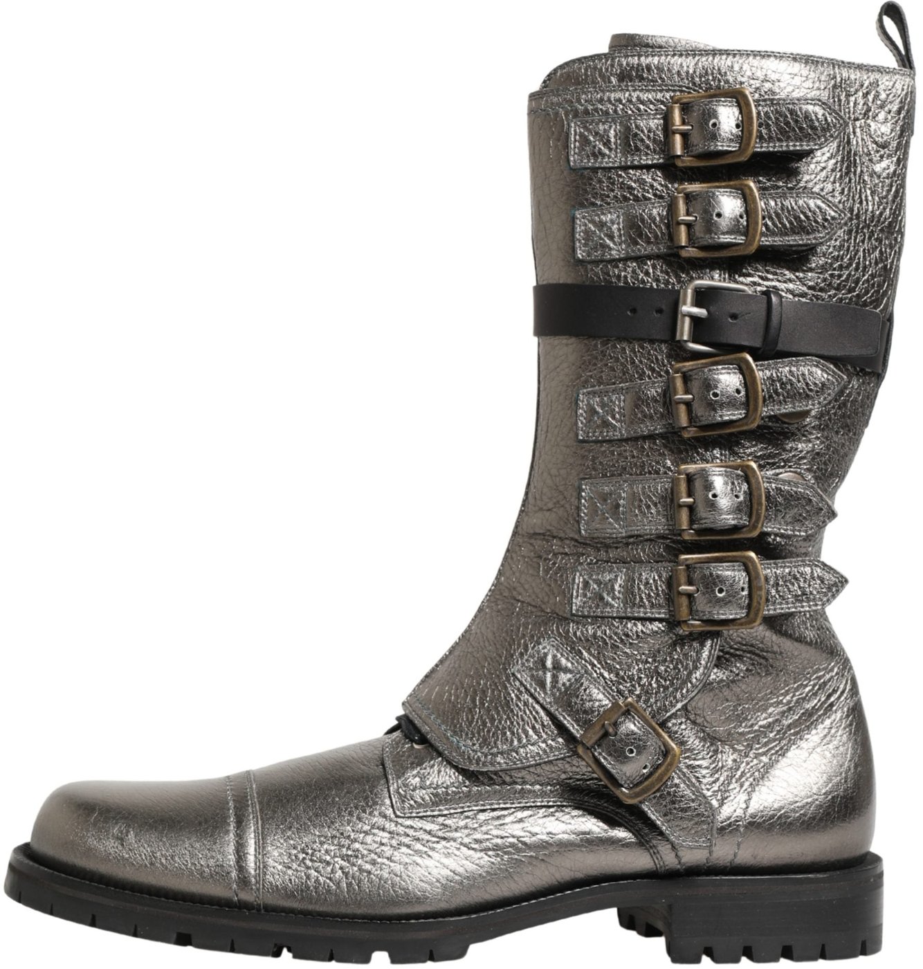 Dolce & Gabbana Metallic Silver Combat Biker Mid Calf Boots Shoes