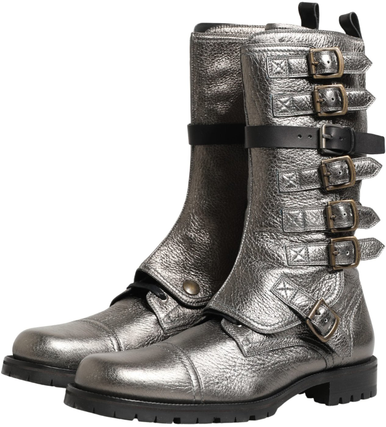 Dolce & Gabbana Metallic Silver Combat Biker Mid Calf Boots Shoes