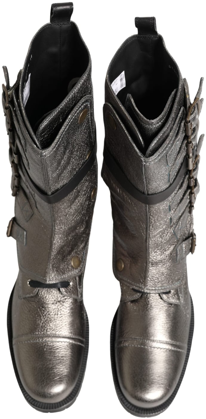 Dolce & Gabbana Metallic Silver Combat Biker Mid Calf Boots Shoes
