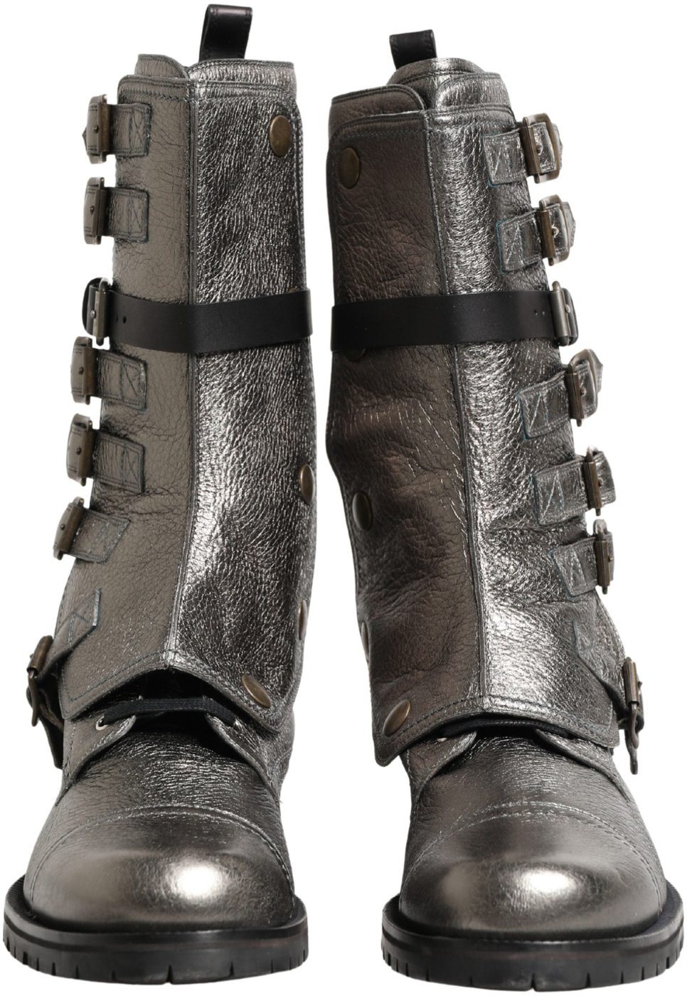 Dolce & Gabbana Metallic Silver Combat Biker Mid Calf Boots Shoes