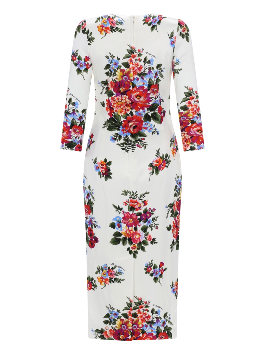 White Floral Print Fitted Viscose Midi Dress