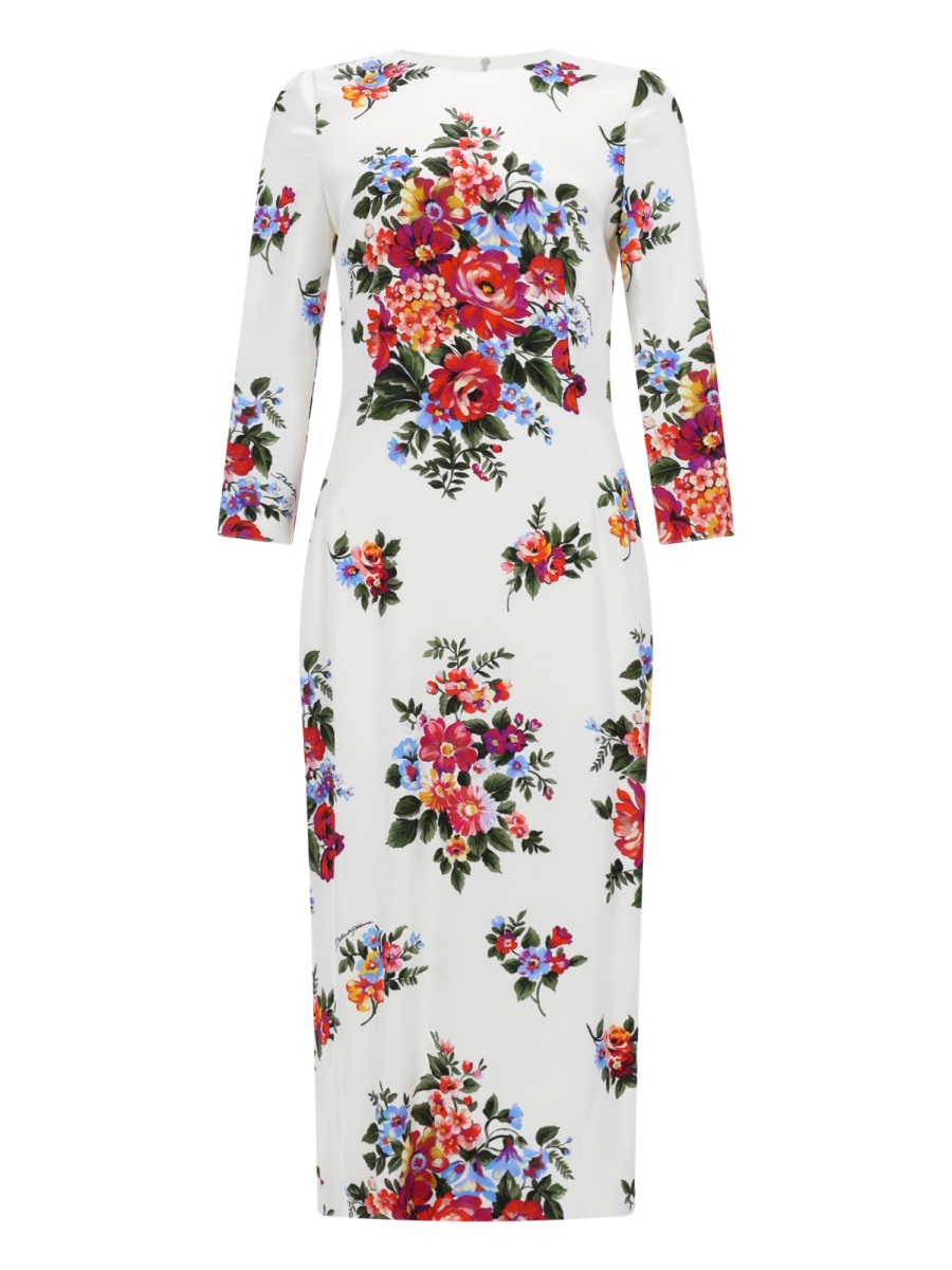 White Floral Print Fitted Viscose Midi Dress
