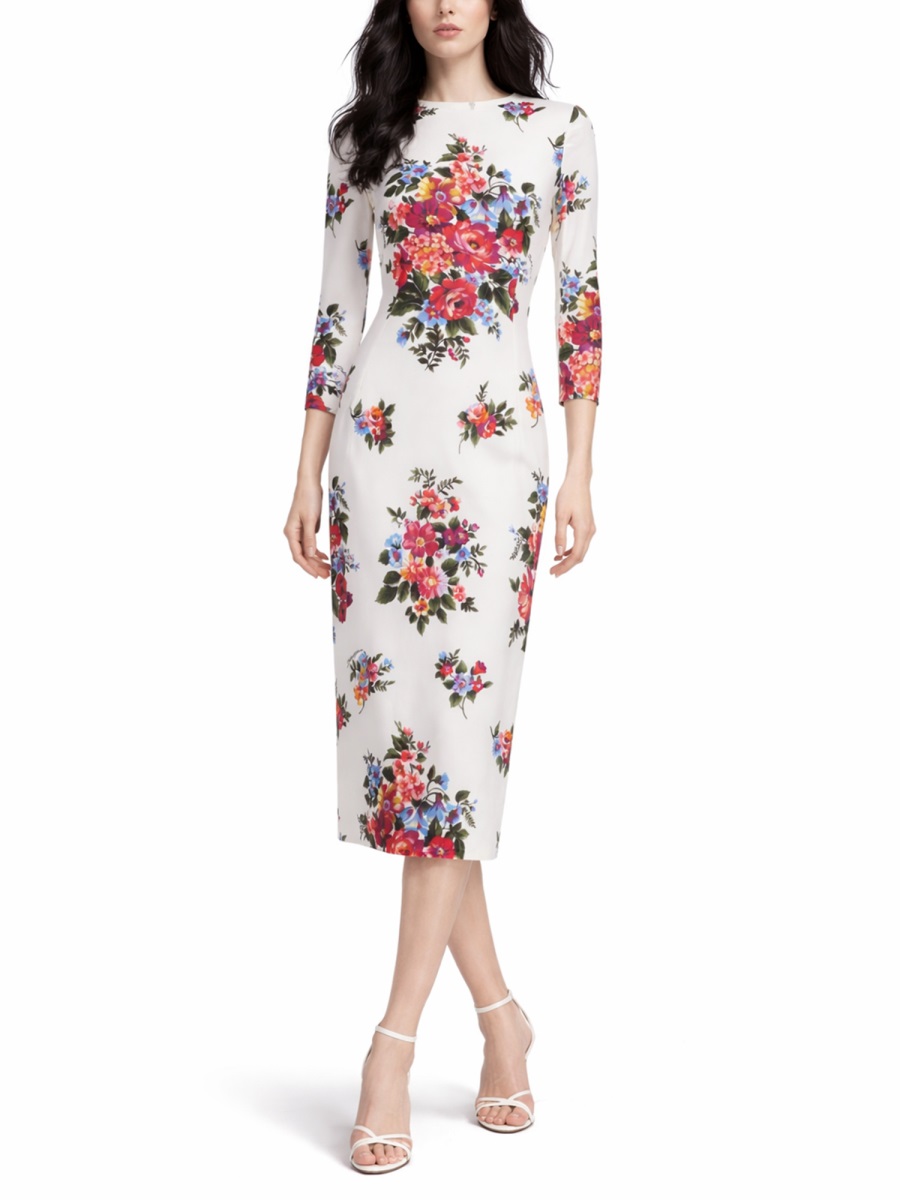 White Floral Print Fitted Viscose Midi Dress