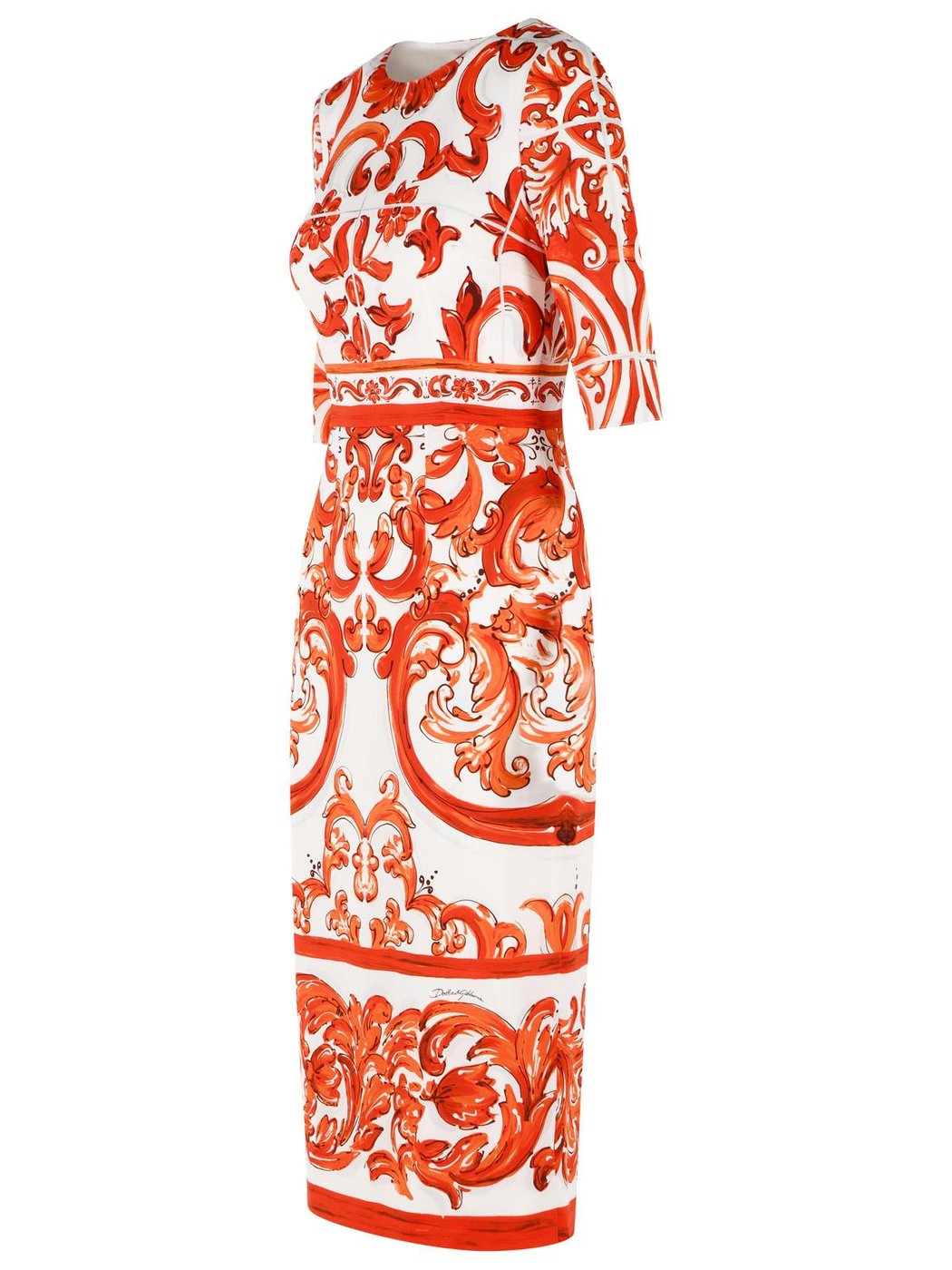 Baroque-Inspired Charmeuse Midi Dress With Short Sleeves
