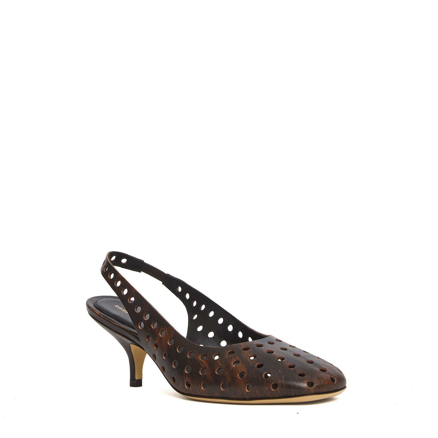 Perforated Leather Round Toe Slingback Pumps