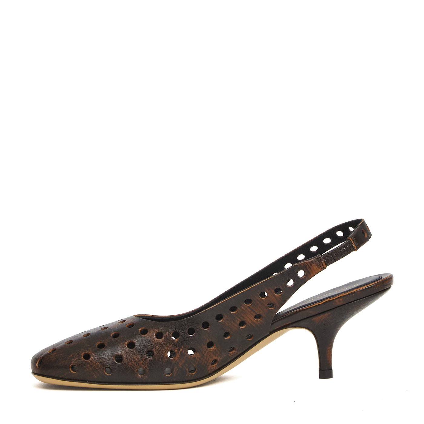 Perforated Leather Round Toe Slingback Pumps
