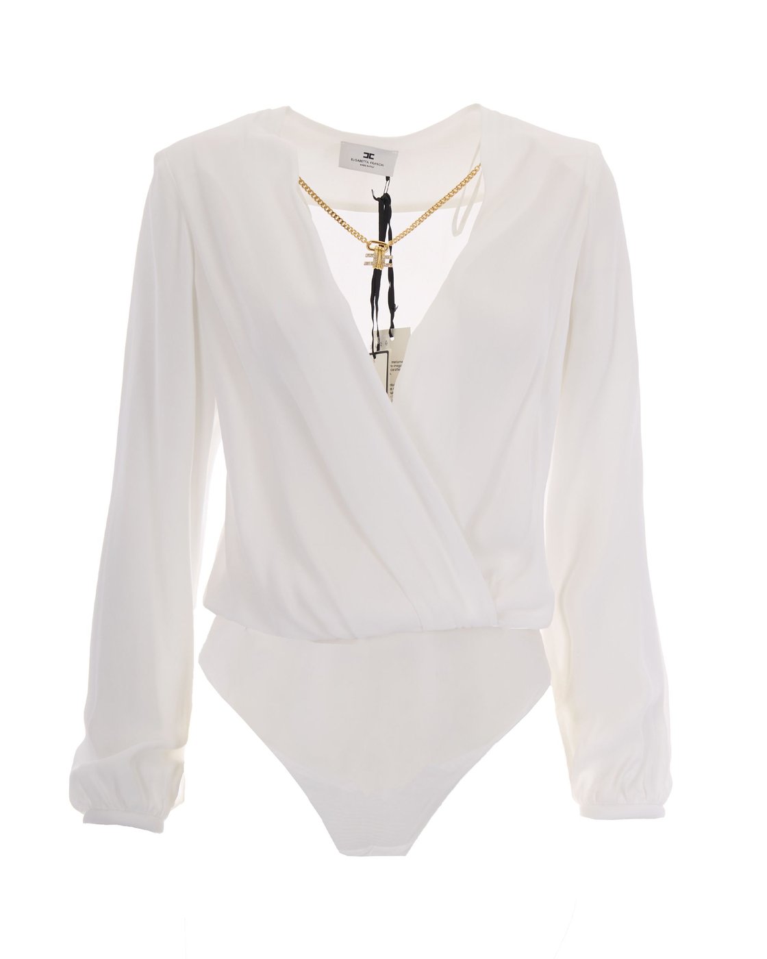 Long-Sleeved V-Neck Bodysuit with Structured Shoulders and Detachable Necklace