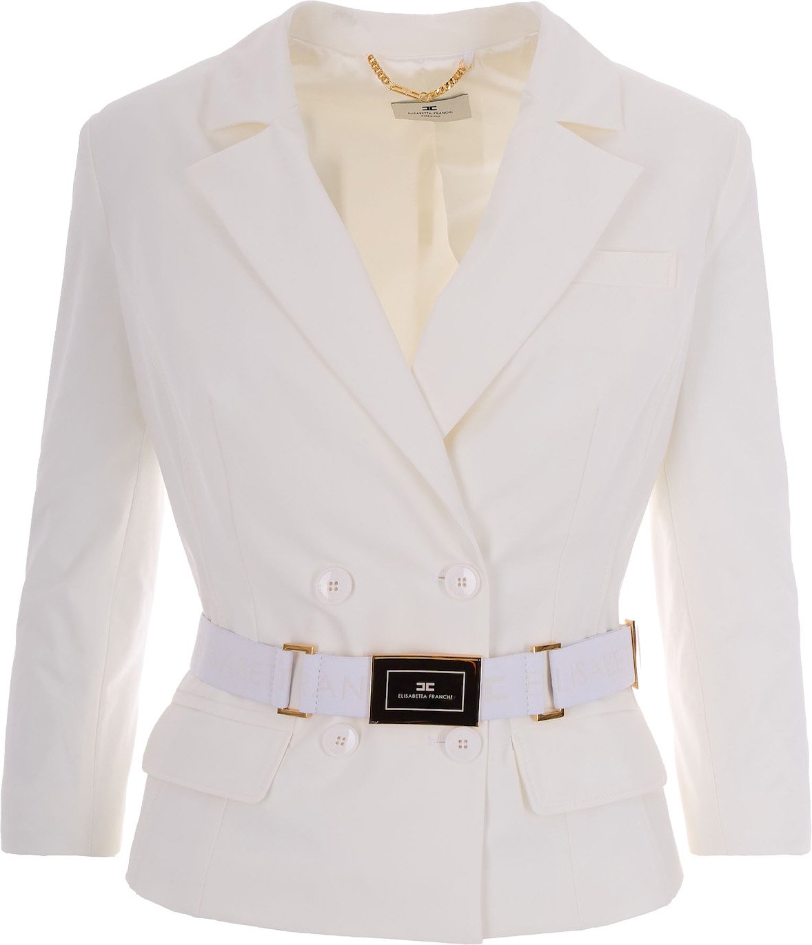 Ivory Bi-Elastane Blazer With Classic Lapel And Gold Accents