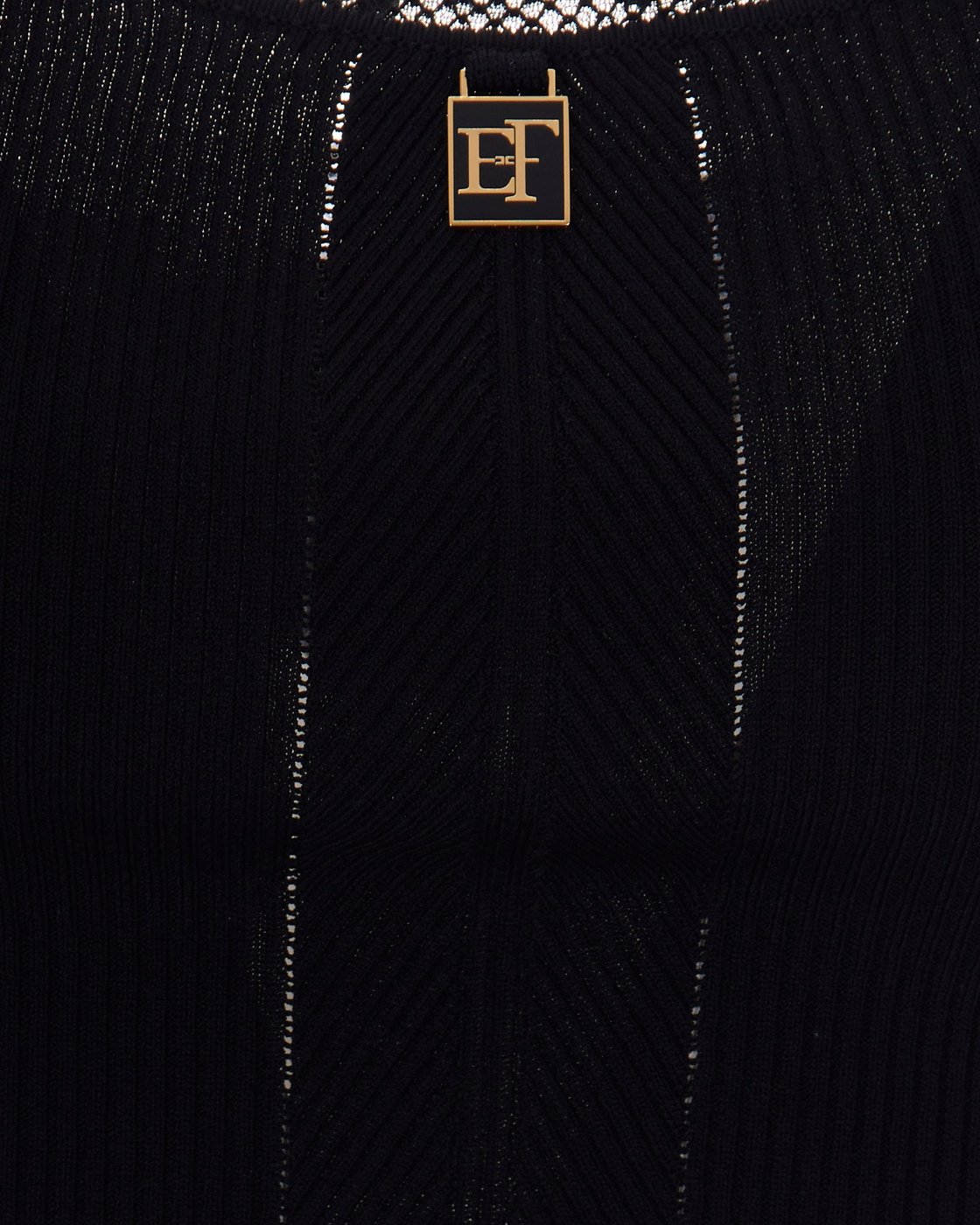 Slim-Fit Black Knit Top With Scalloped Lace Detail