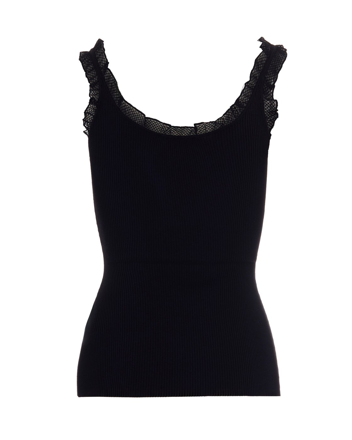 Slim-Fit Black Knit Top With Scalloped Lace Detail