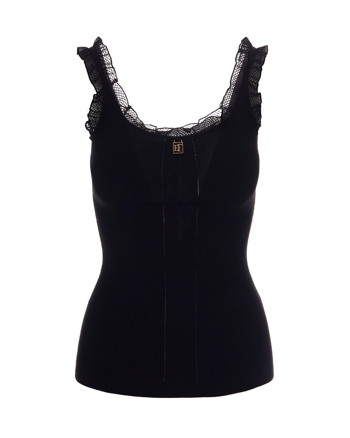 Slim-Fit Black Knit Top With Scalloped Lace Detail