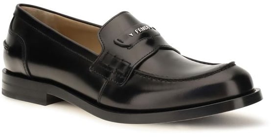 Polished Leather Metal Plaque Rounded-Toe Loafers