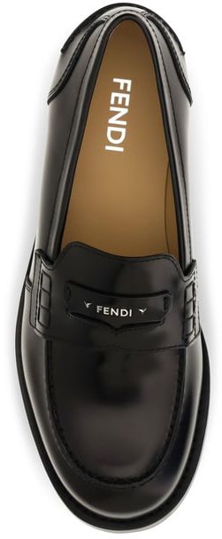 Polished Leather Metal Plaque Rounded-Toe Loafers