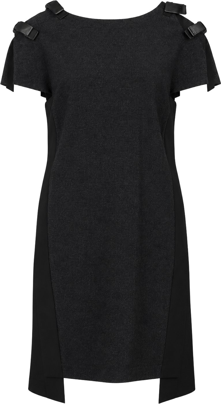 Fendi Black Wool Leather Bow Shoulder Shift Short Sleeve Dress (IT38)