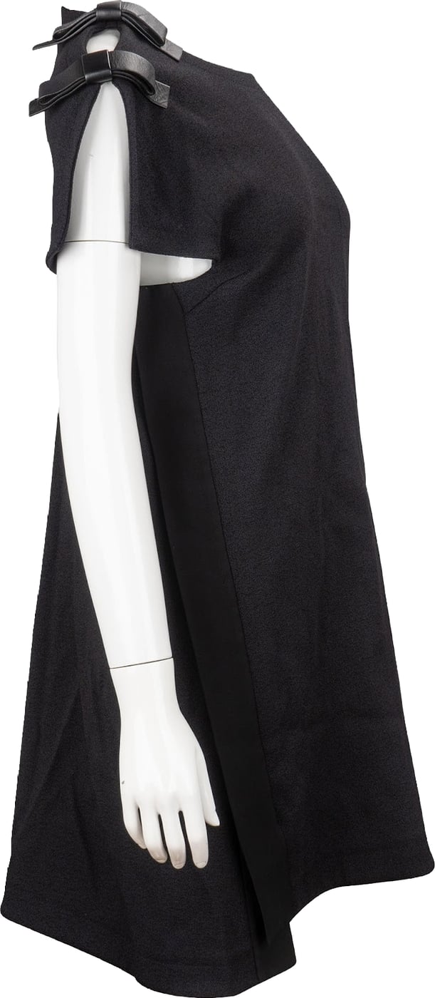 Fendi Black Wool Leather Bow Shoulder Shift Short Sleeve Dress (IT38)