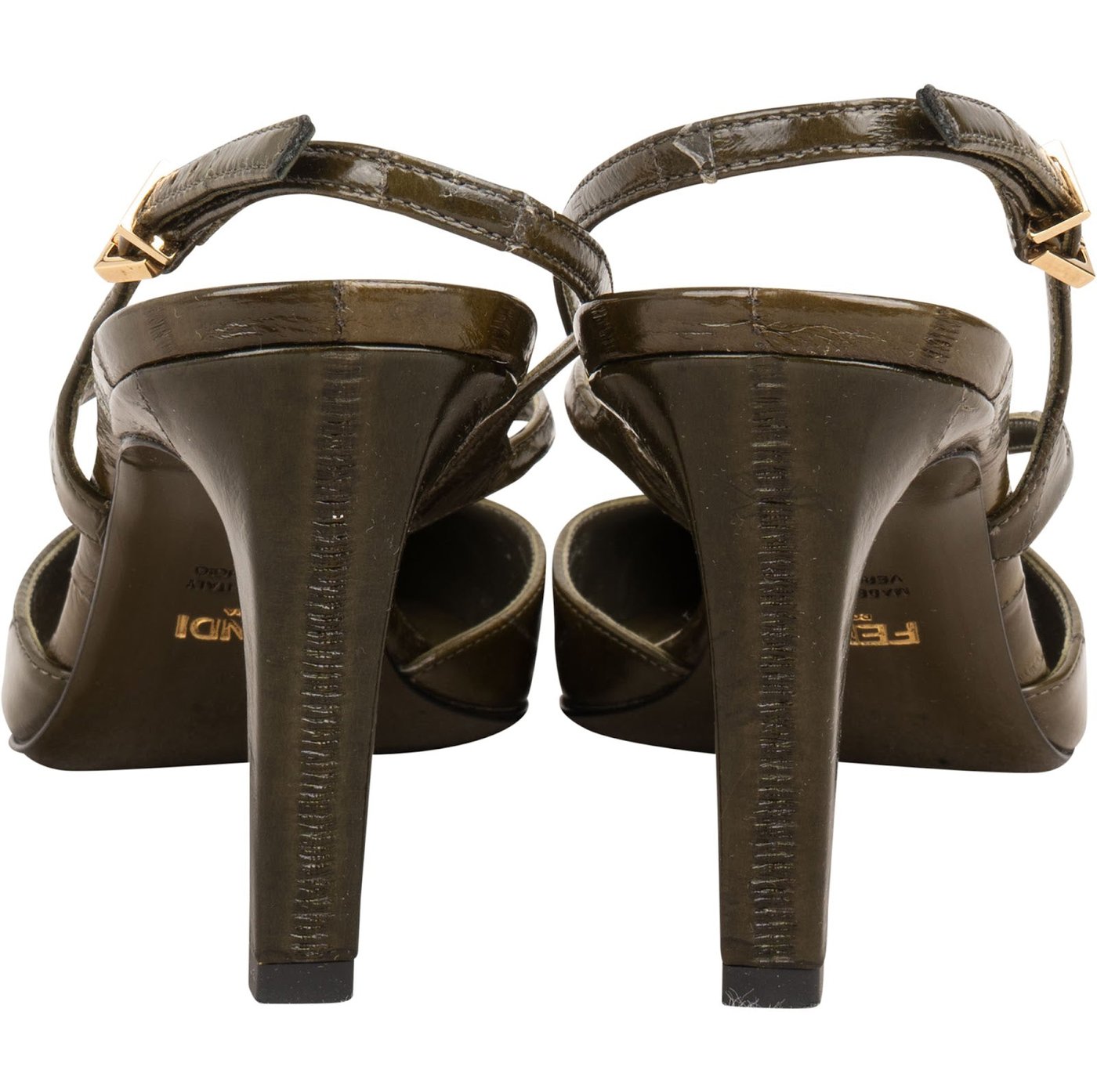 Fendi Olive Green Patent Leather FF  Slingback Pumps (35)