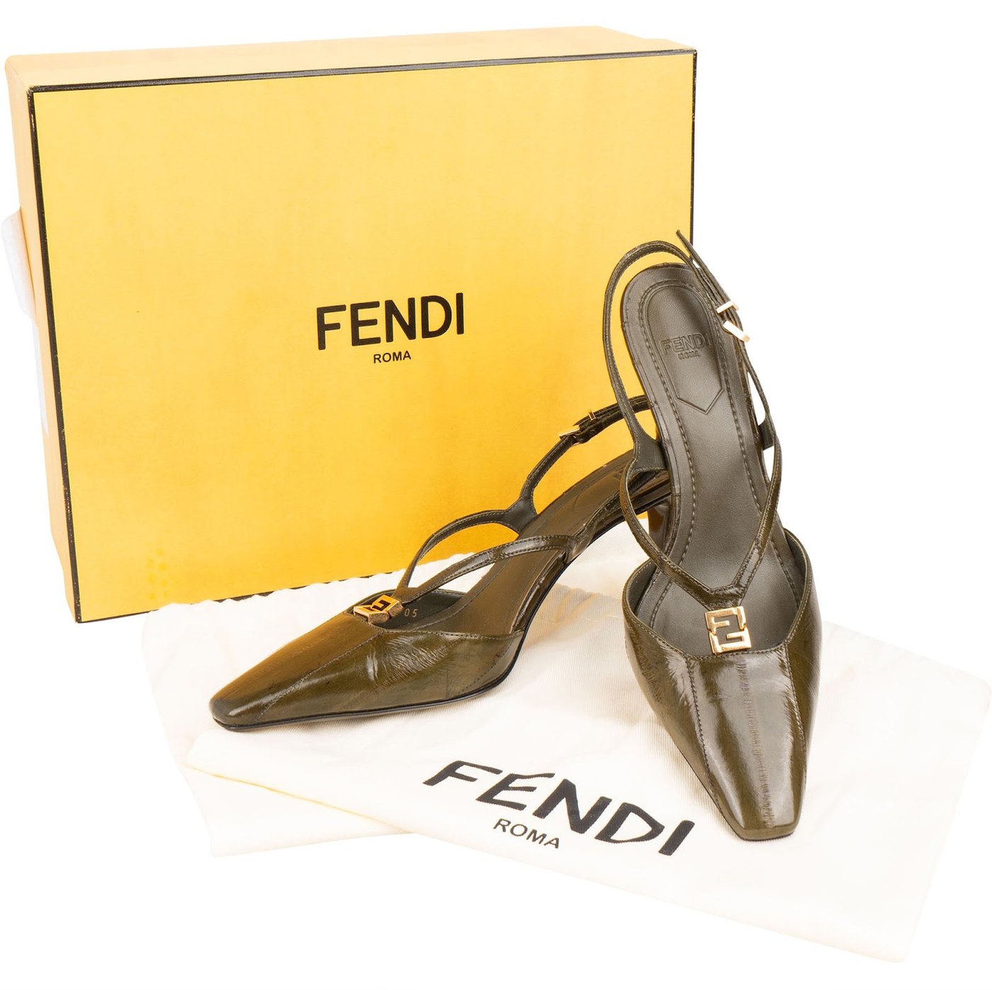 Fendi Olive Green Patent Leather FF  Slingback Pumps (35)