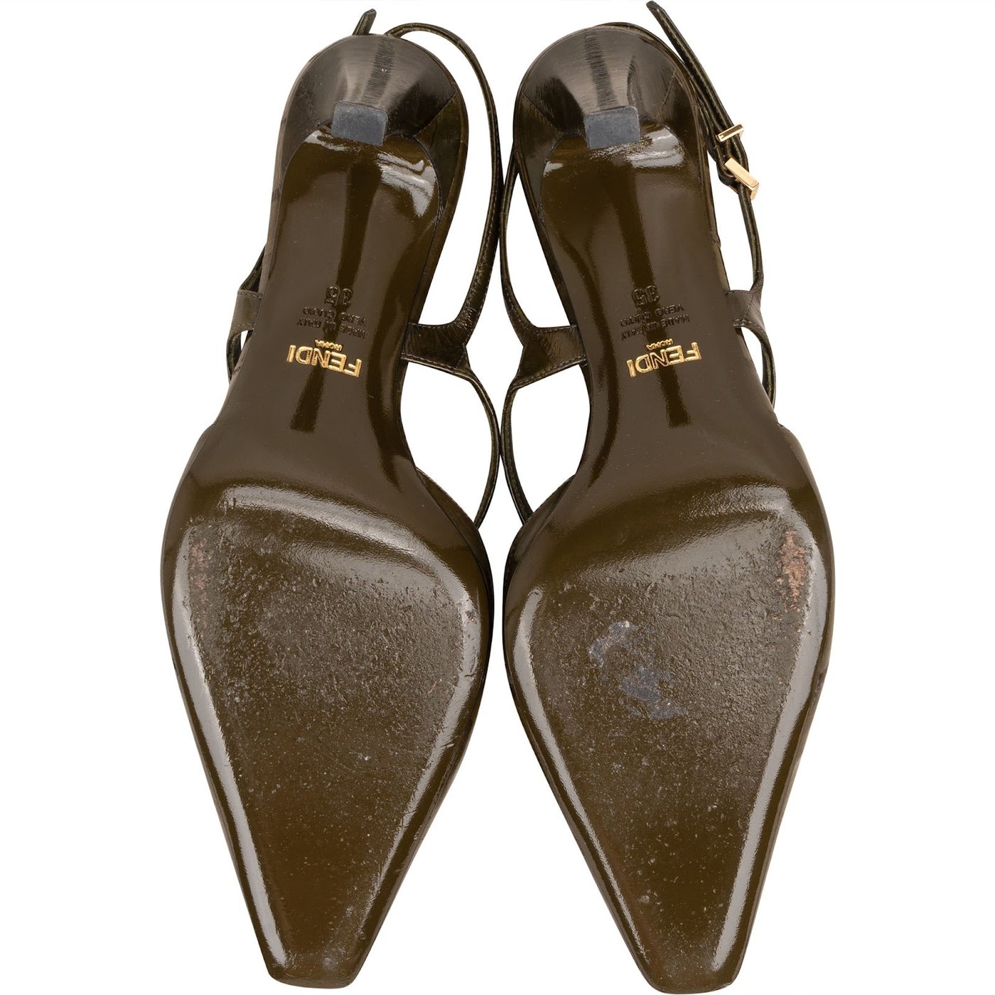 Fendi Olive Green Patent Leather FF  Slingback Pumps (35)
