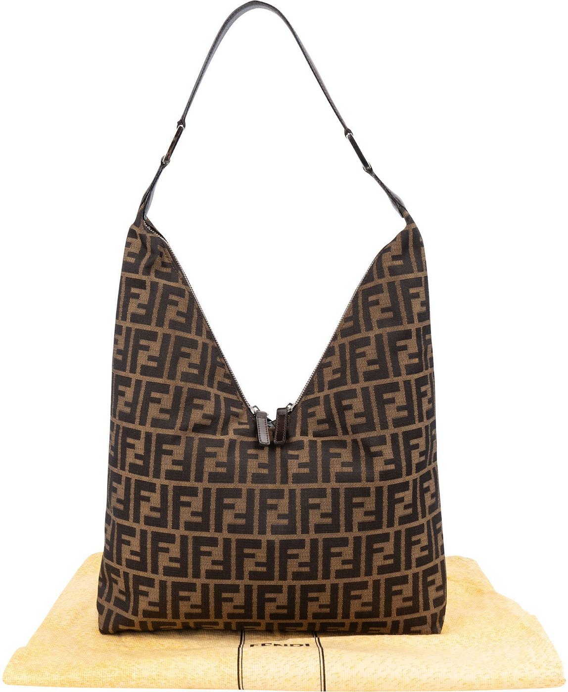 Fendi Monogram FF Zucca Canvas Diagonal Triangle Zip Large Shoulder Bag