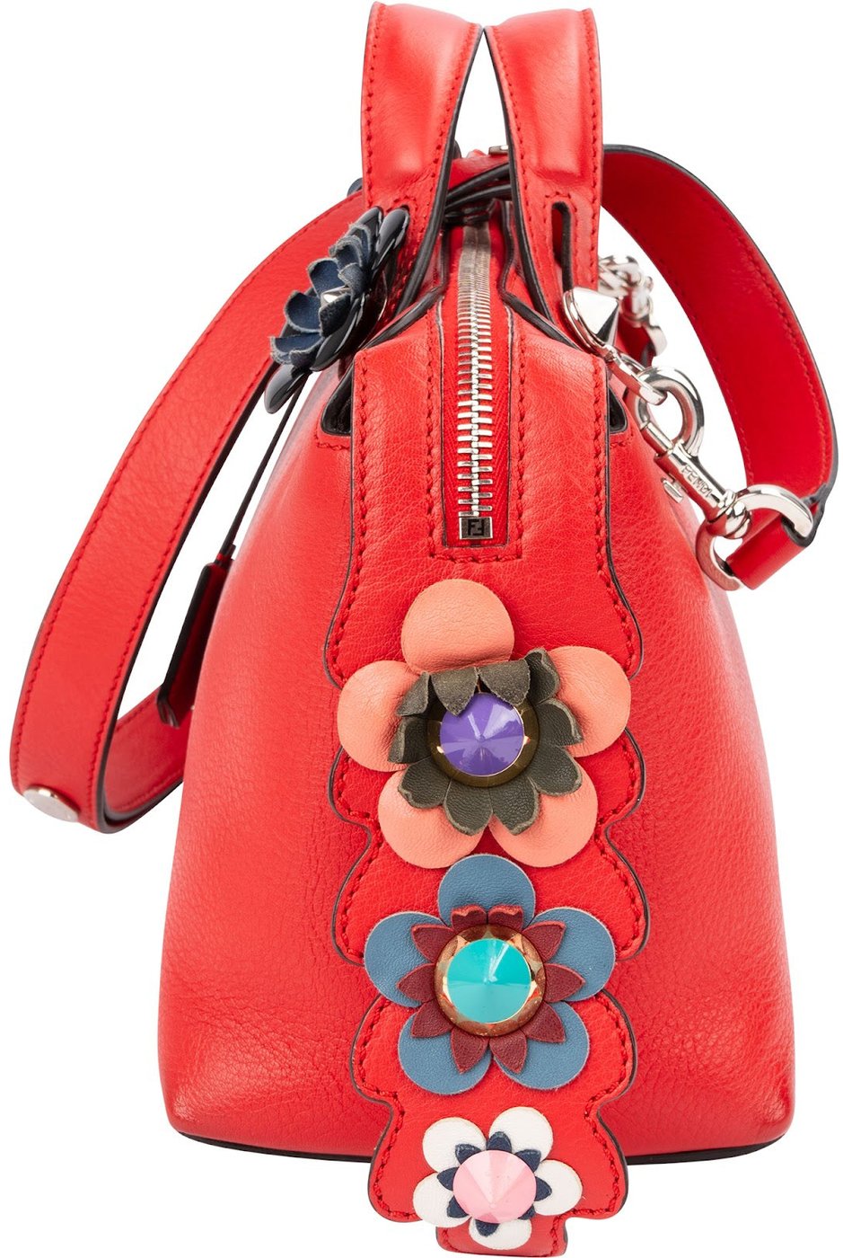 Fendi Red Leather By The Way Small Flowerland Shoulder Handbag