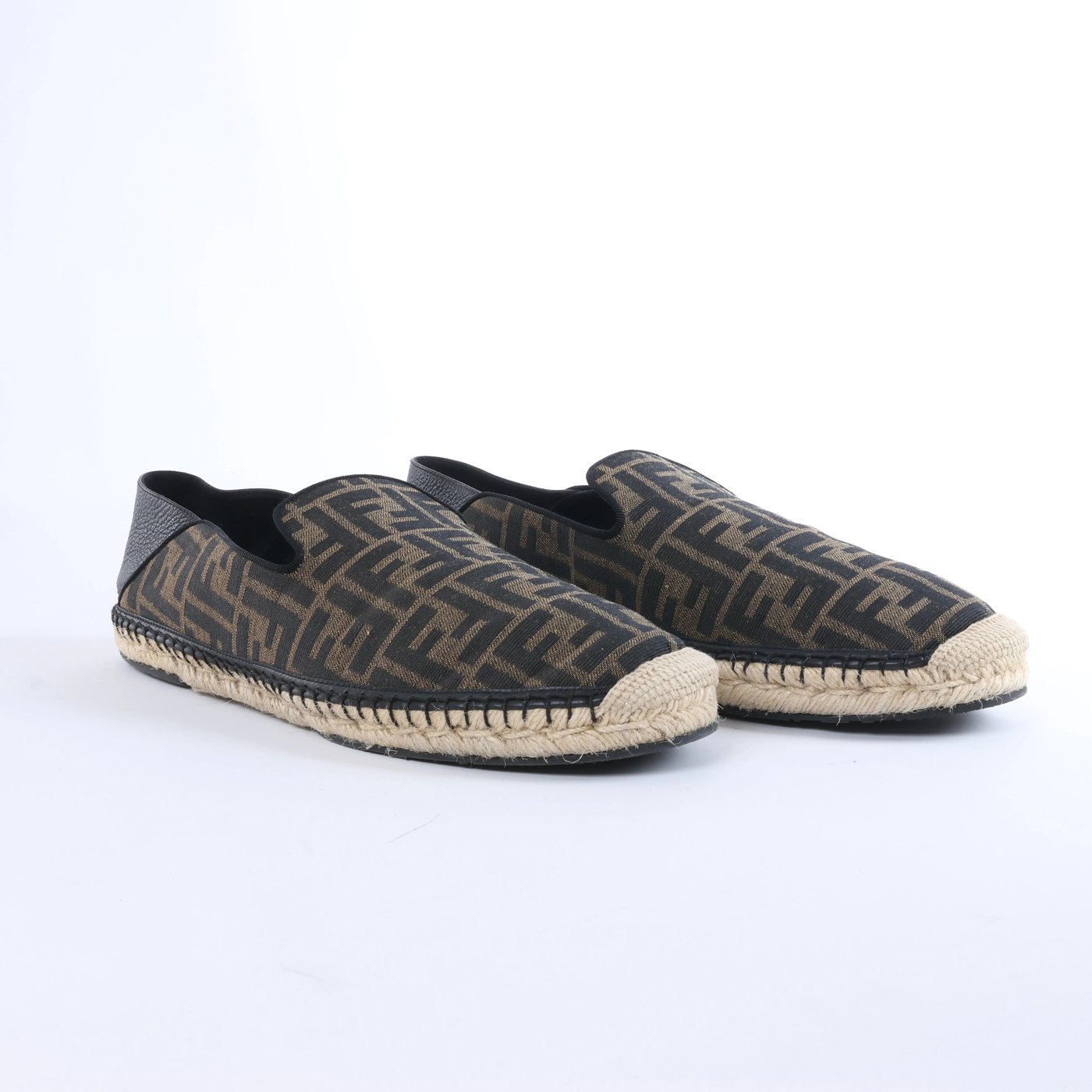 Fendi ZUCCa Leather x Fabric Espadrilles in Brown x Black 7P1359, Size EU 44