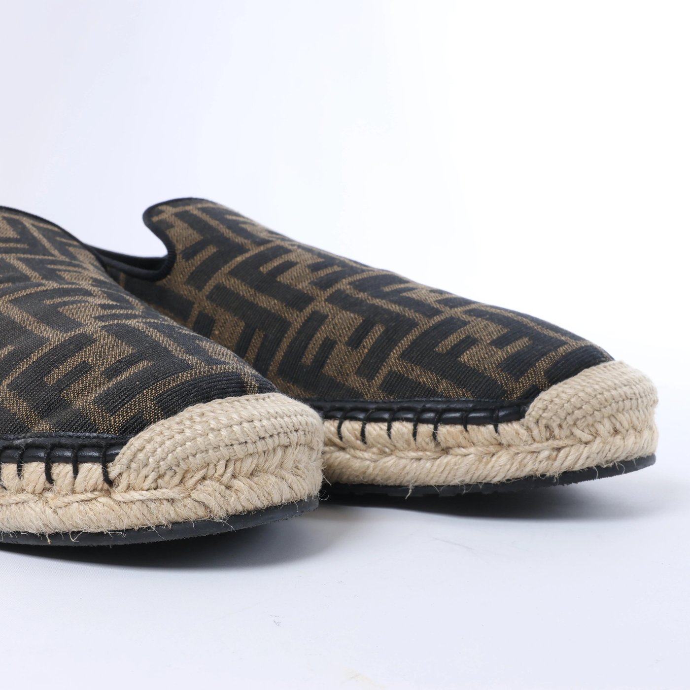 Fendi ZUCCa Leather x Fabric Espadrilles in Brown x Black 7P1359, Size EU 44
