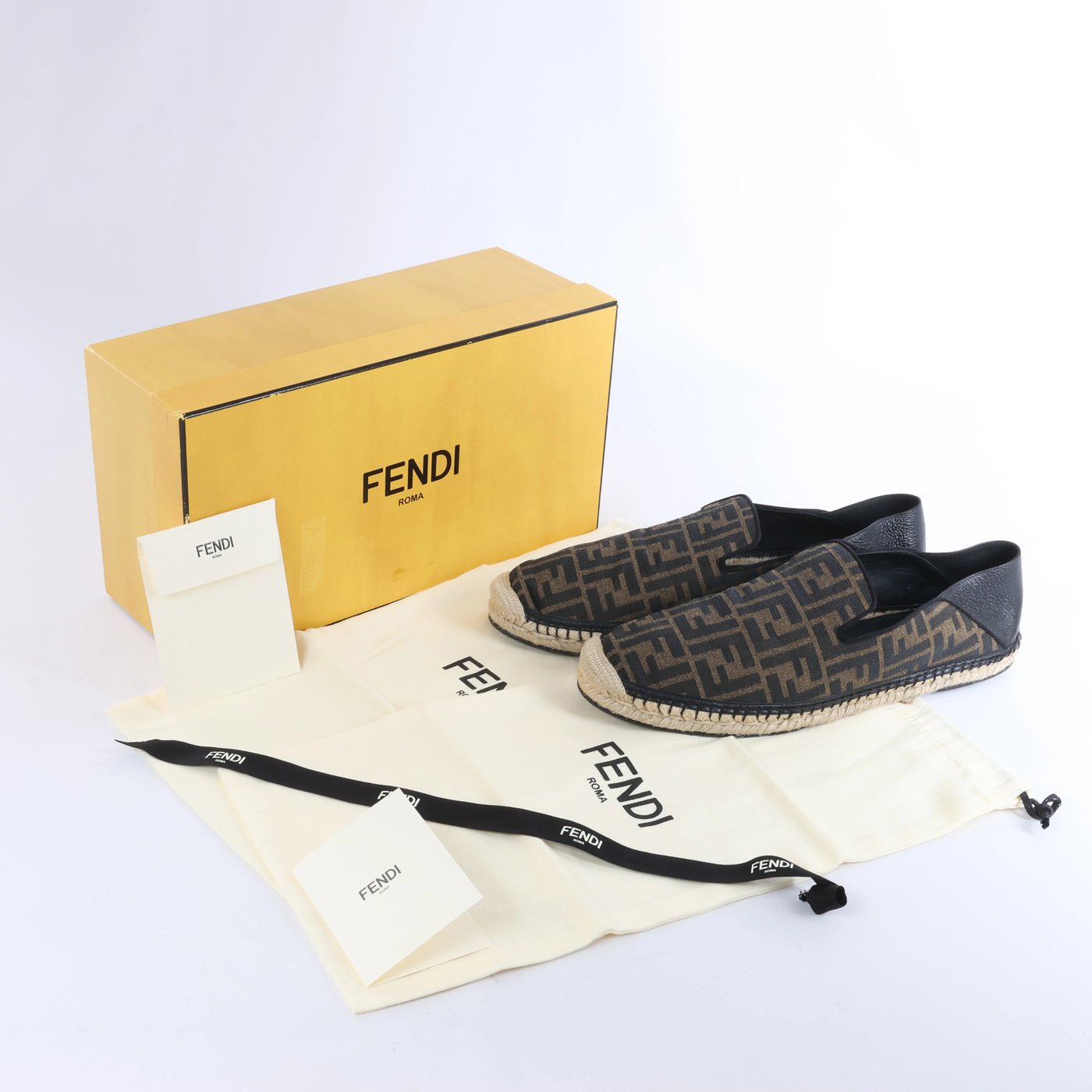Fendi ZUCCa Leather x Fabric Espadrilles in Brown x Black 7P1359, Size EU 44