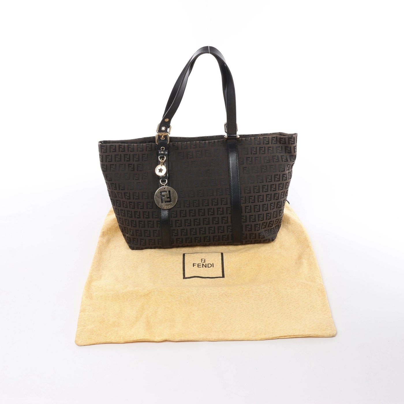 Fendi Zucchino Canvas & Leather Shoulder Bag in Brown x Black 8BH215