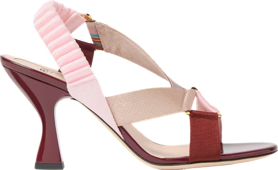 Fendi Iconic Hummingbird Sandal in burgundy leather and multicolored fabric