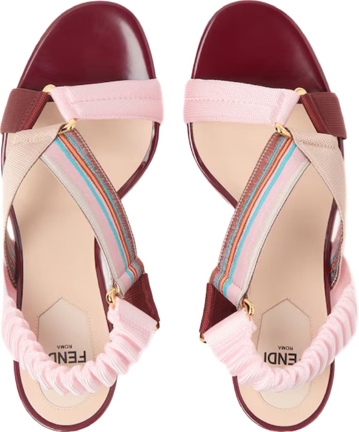 Fendi Iconic Hummingbird Sandal in burgundy leather and multicolored fabric