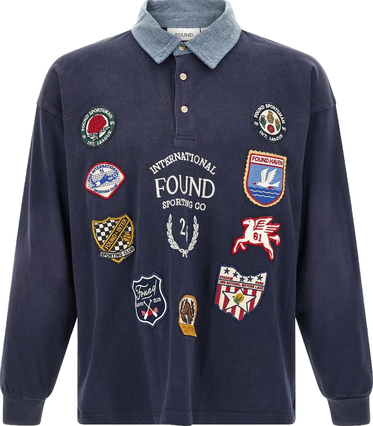 Long-Sleeve Denim Collar Embroidered Polo Shirt
