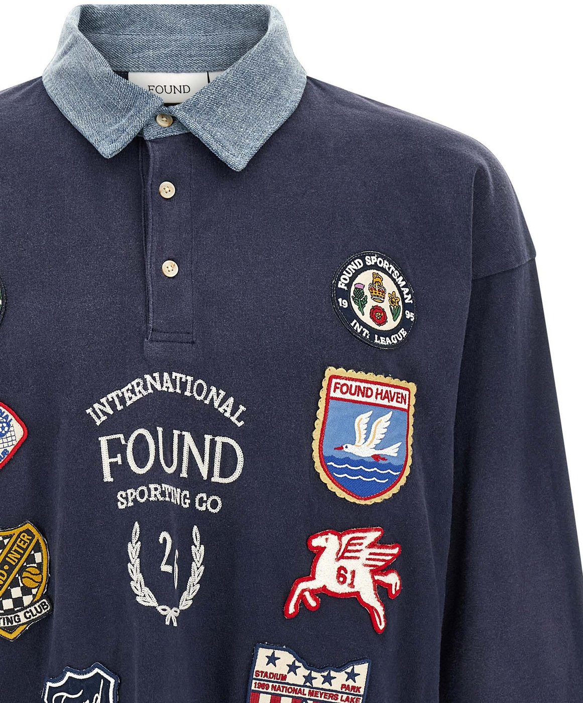 Long-Sleeve Denim Collar Embroidered Polo Shirt