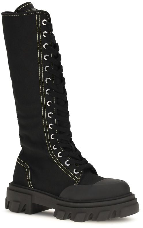 Ganni Black Cotton Lace-Up Boots