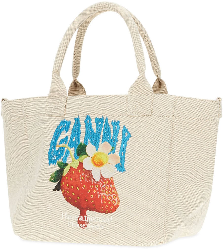 Ganni Shopping Bag in Tela con Stampa Fragola