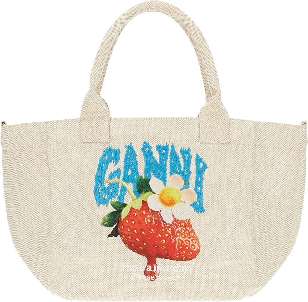 Ganni Shopping Bag in Tela con Stampa Fragola