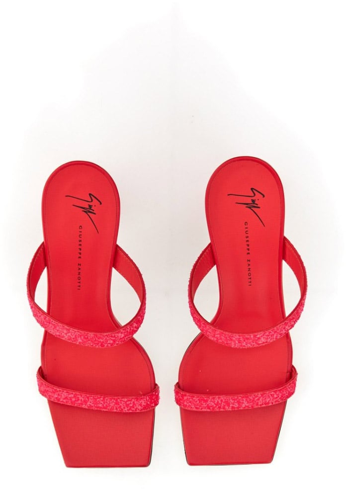 Glitter-Embellished Red Mules With Square Toe