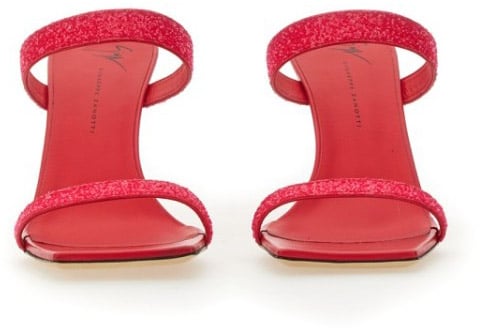 Glitter-Embellished Red Mules With Square Toe