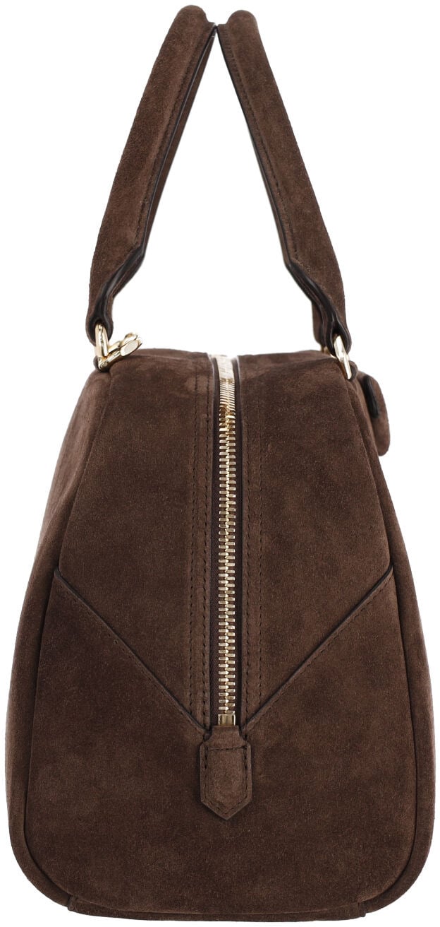 Brown Structured Suede Gold Zipper Handbag