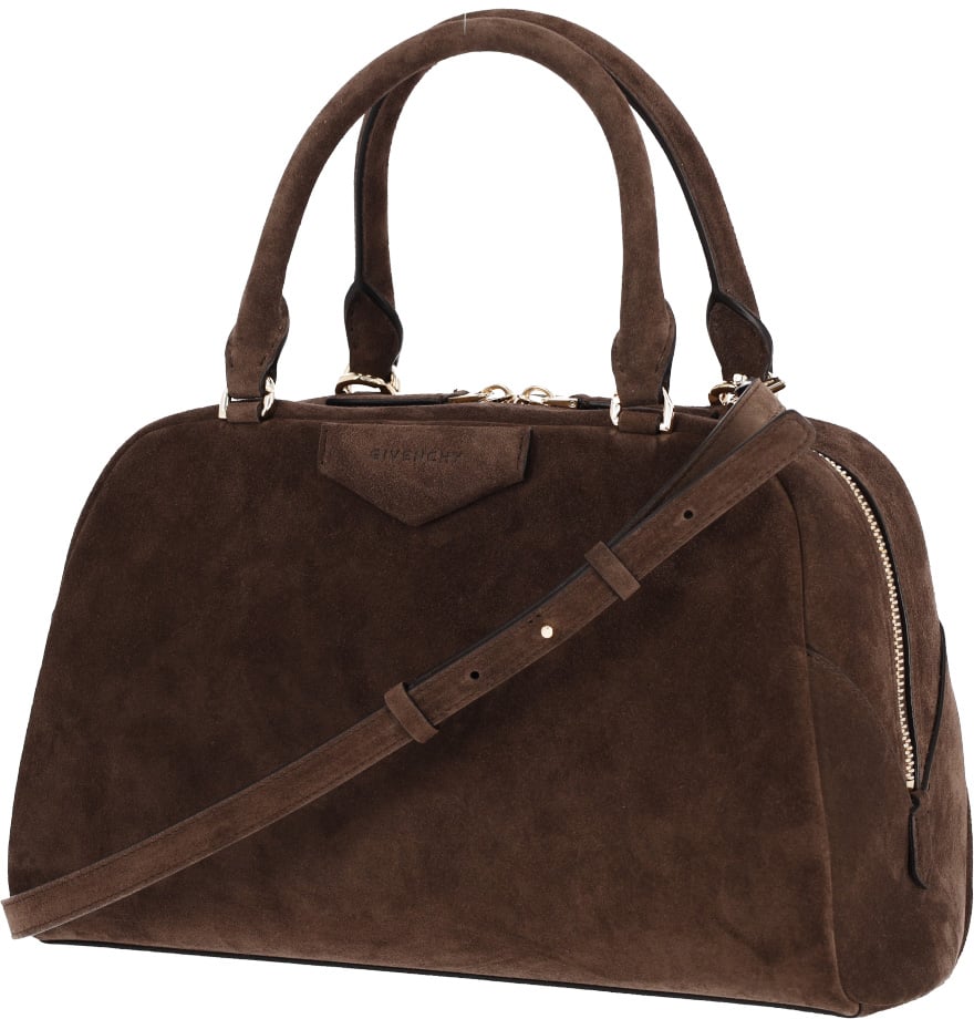 Brown Structured Suede Gold Zipper Handbag
