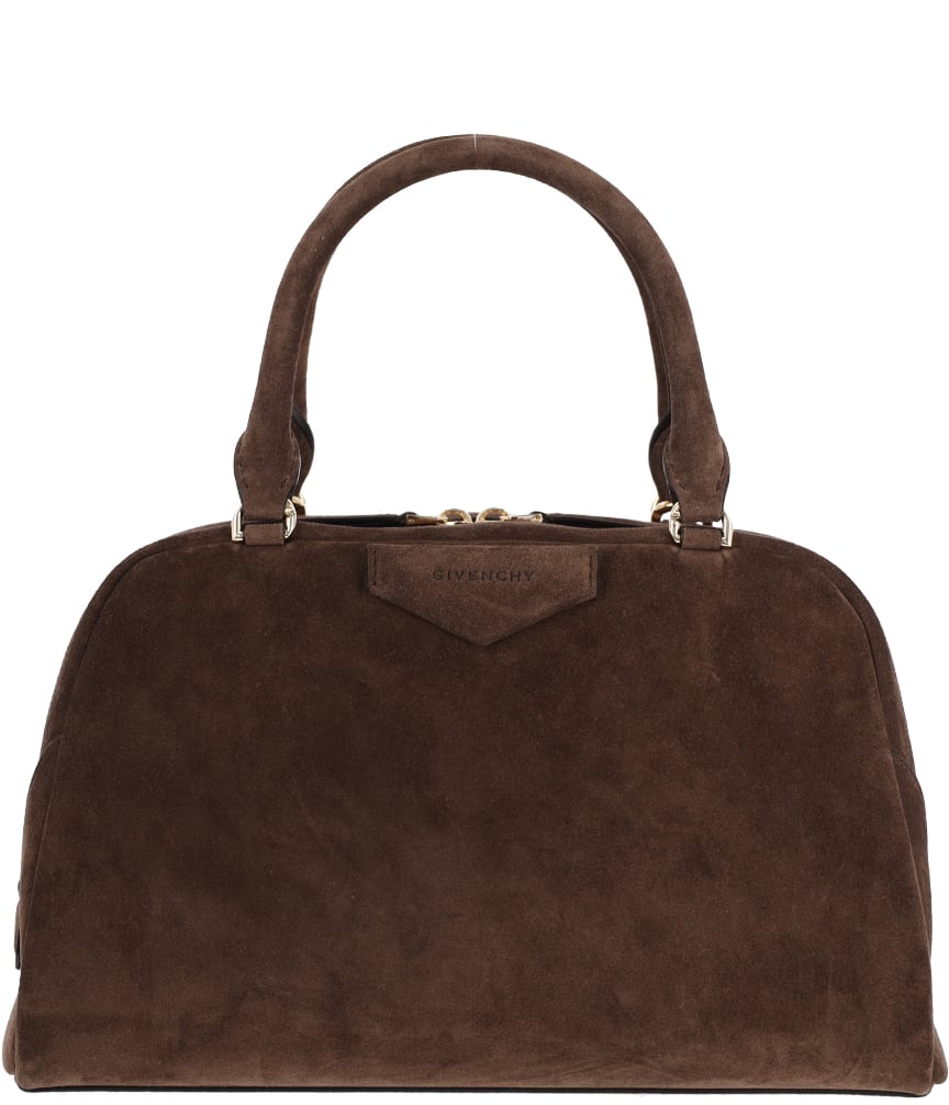 Brown Structured Suede Gold Zipper Handbag