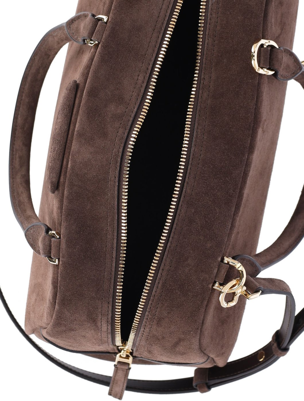 Brown Structured Suede Gold Zipper Handbag