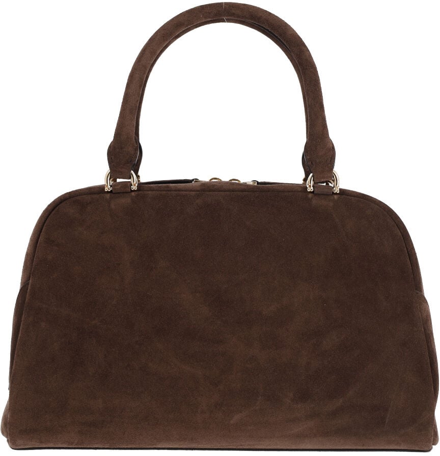Brown Structured Suede Gold Zipper Handbag